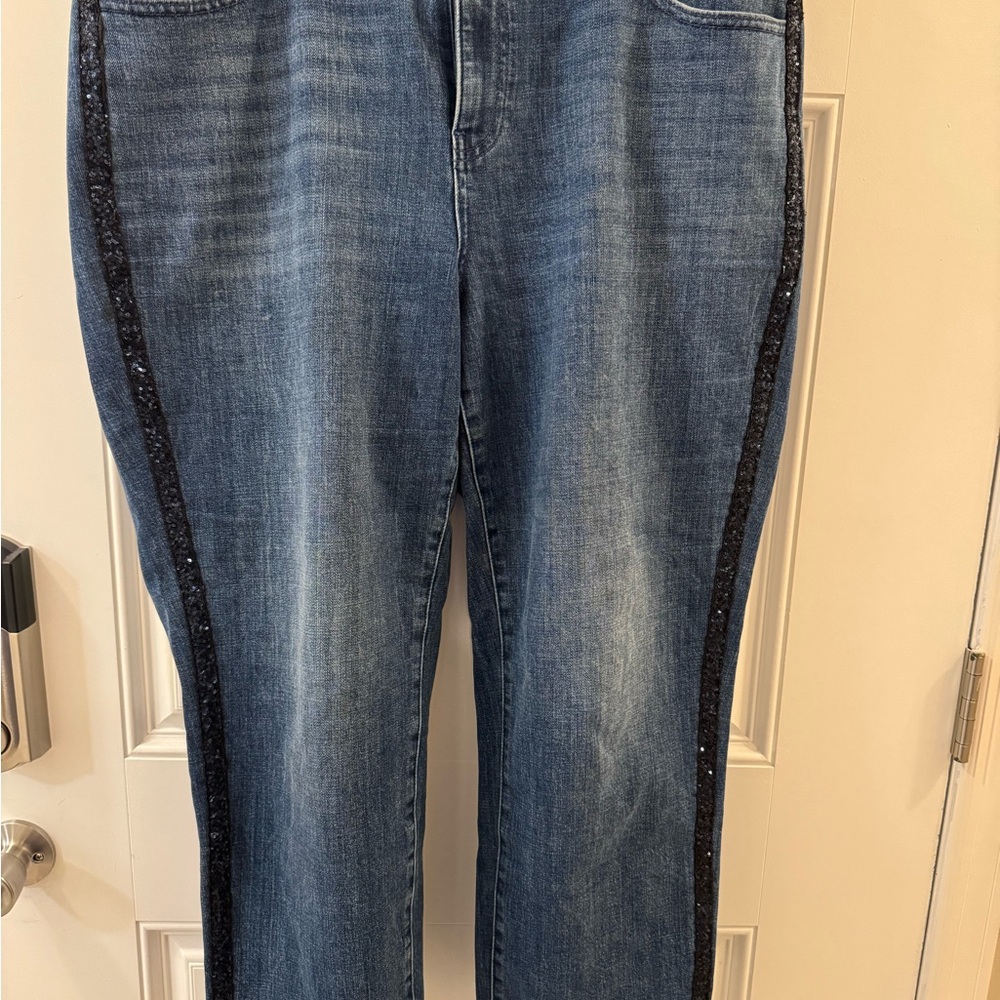 Talbots High Waist Blue Straight Ankle Jeans with Black Sequin Side Trim